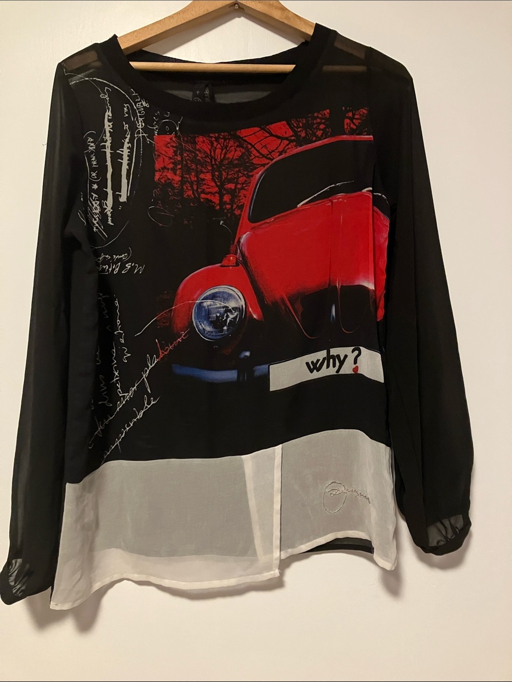 Desigual Black Red Sheer Graphic Car Print Long Sleeve Blouse